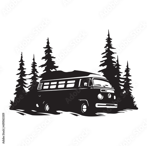 Camper in the Woods and Mountain, Camping in the Nature, Hand Drawn Vector Illustration