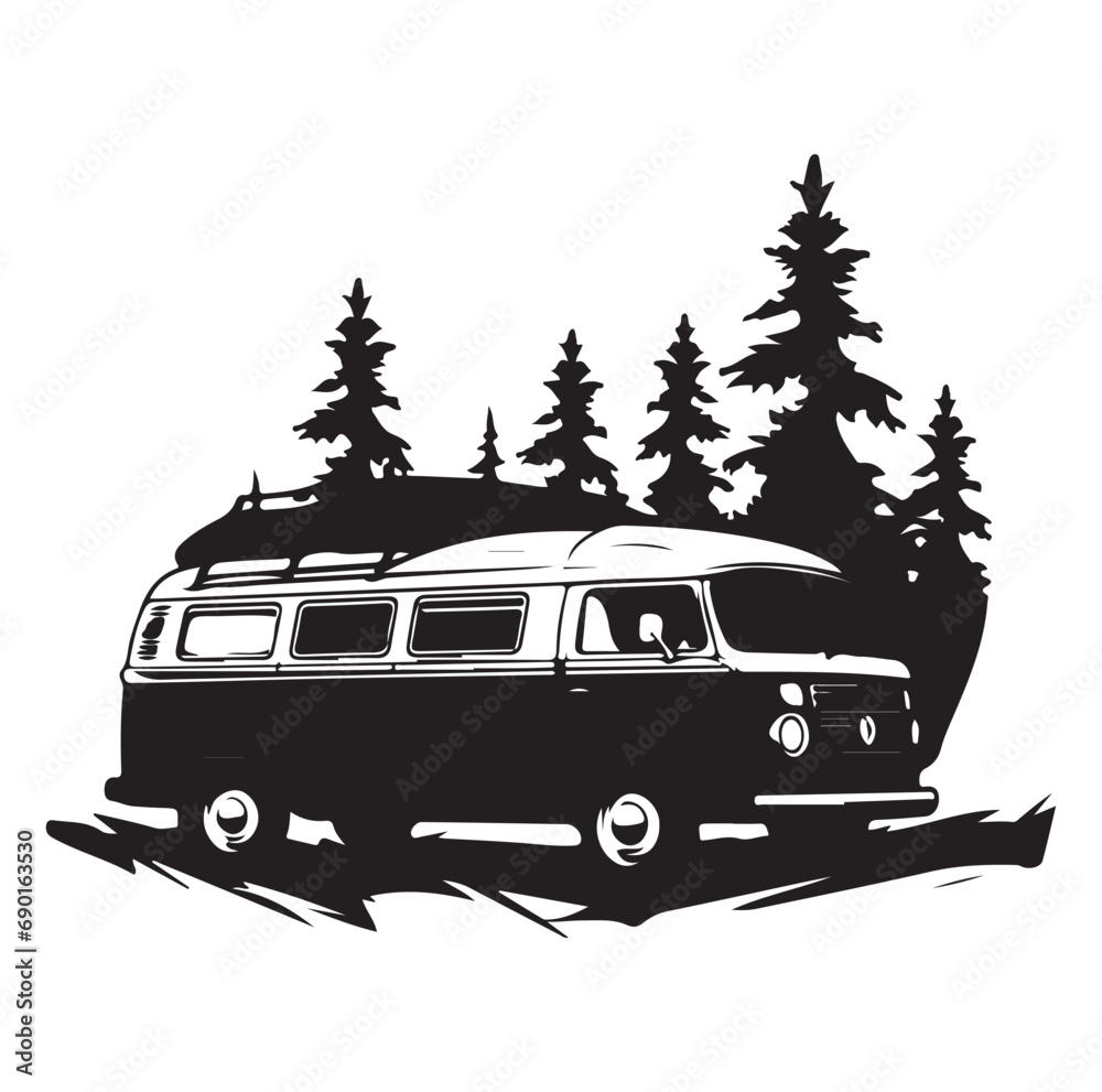 Camper in the Woods and Mountain, Camping in the Nature, Hand Drawn Vector Illustration Camper in the Woods and Mountain, Camping in the Nature, Hand Drawn Vector Illustration