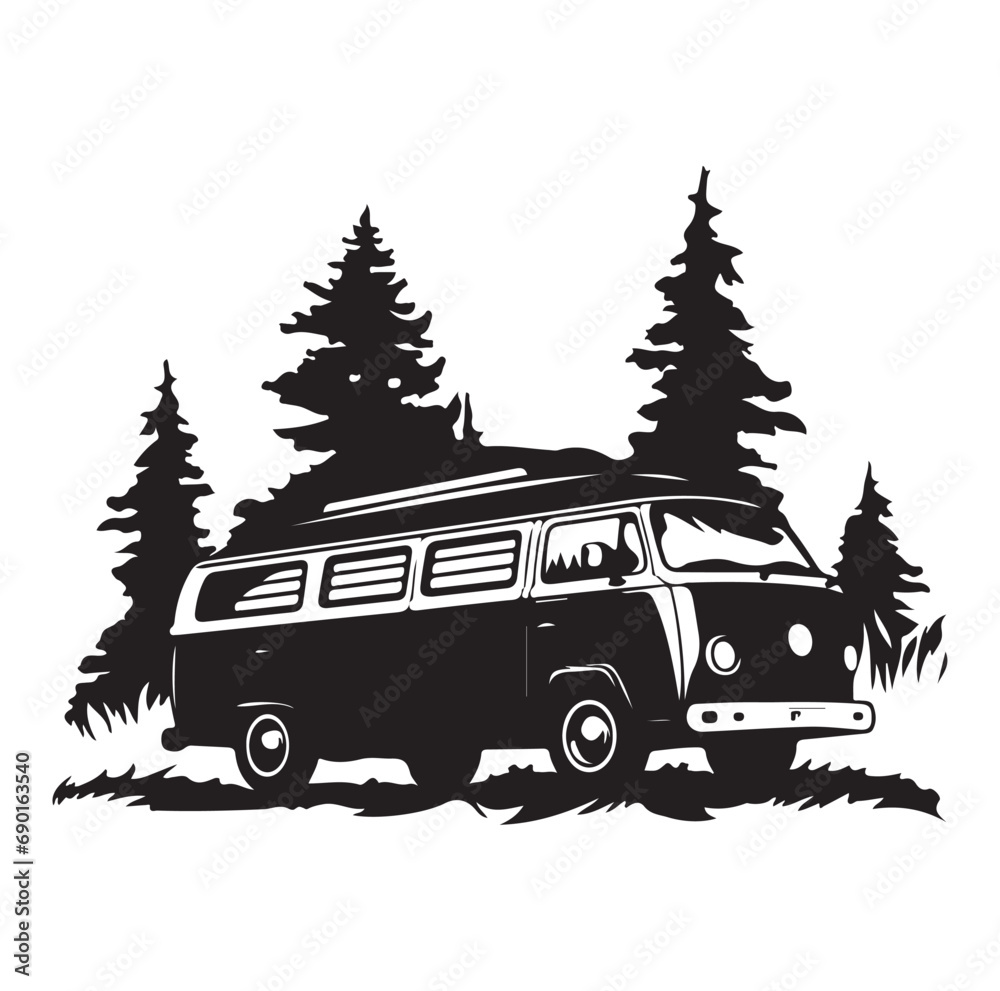 Camper in the Woods and Mountain, Camping in the Nature, Hand Drawn Vector Illustration