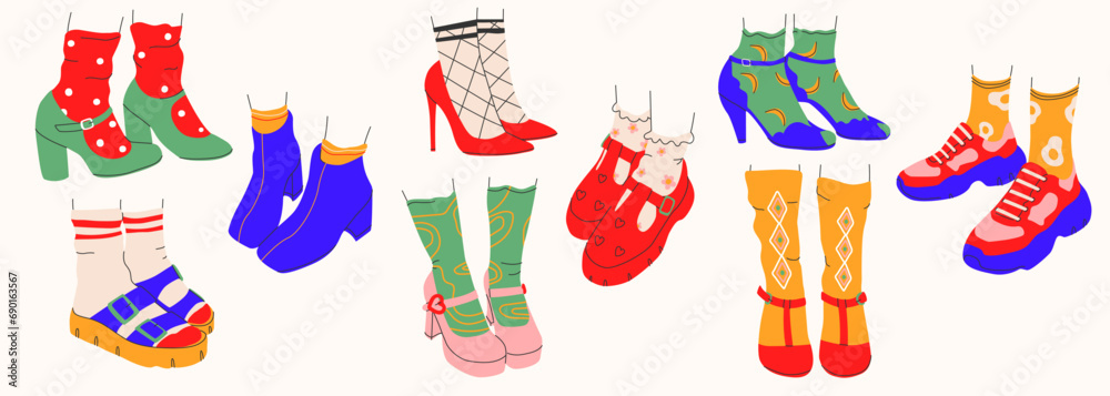 Collection of womens shoes icons with and without heels.Shoes,slippers, sneakers in a trendy style. isolated.Vector Collection of womens shoes icons with and without heels.Shoes,slippers, sneakers in a trendy style. isolated.Vector