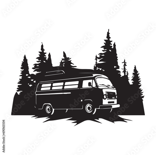 Camper in the Woods and Mountain, Camping in the Nature, Hand Drawn Vector Illustration