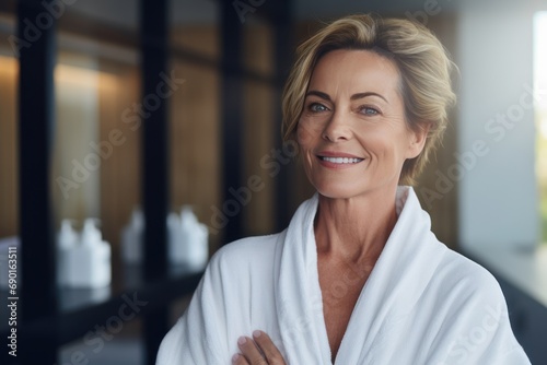 Headshot of happy smiling beautiful middle aged woman wearing bathrobe at spa salon hotel looking at camera. Wellness spa procedures advertising. Skincare concept. photo