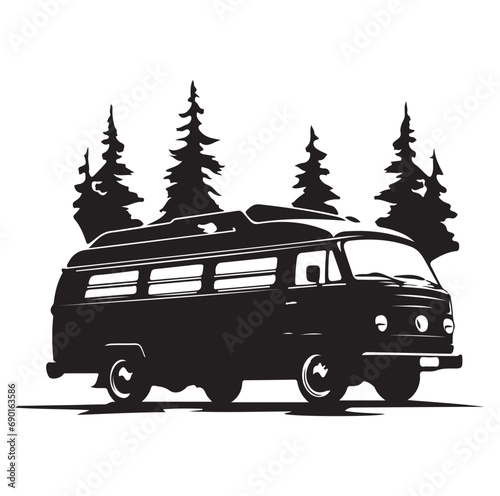 Camper in the Woods and Mountain, Camping in the Nature, Hand Drawn Vector Illustration