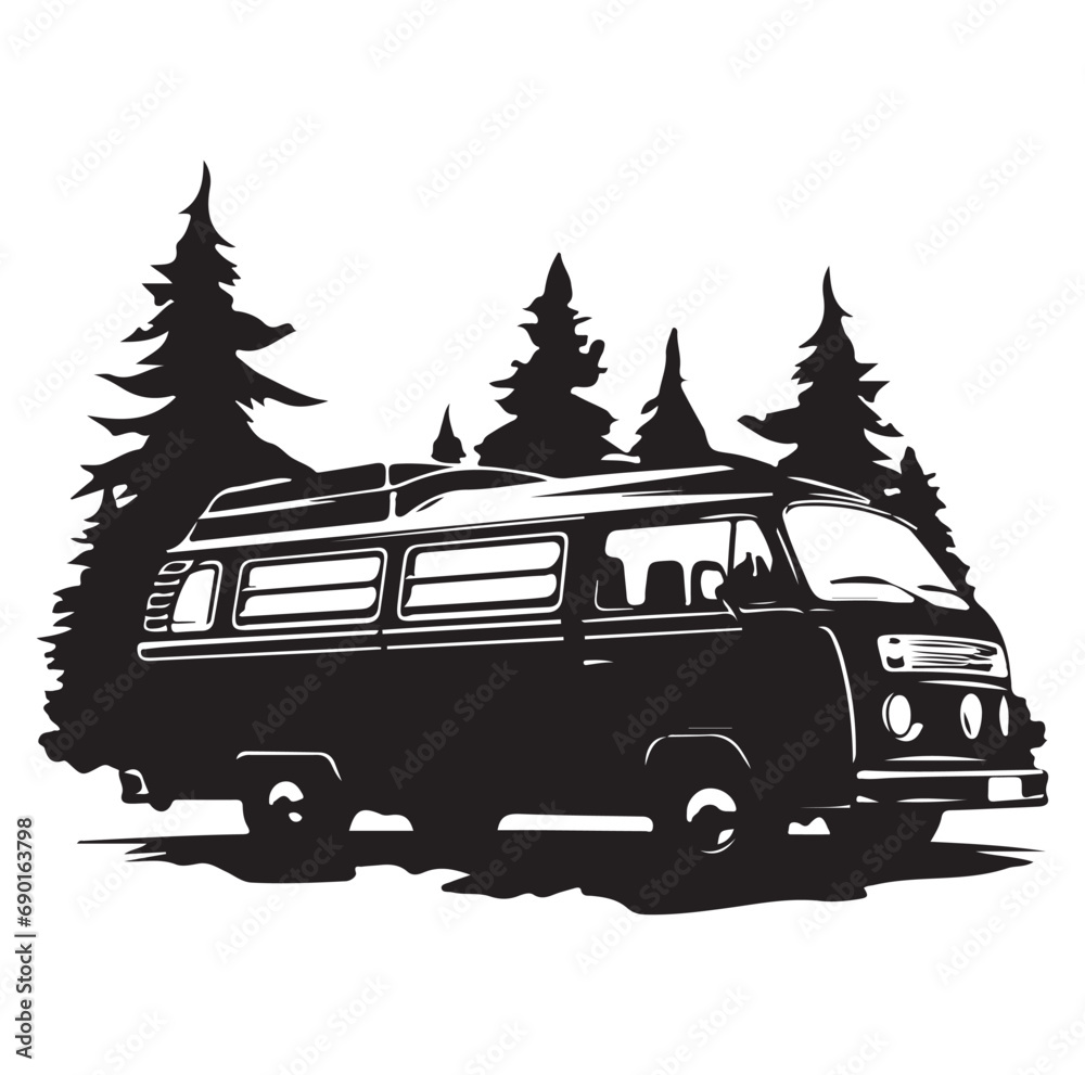 Camper in the Woods and Mountain, Camping in the Nature, Hand Drawn Vector Illustration Camper in the Woods and Mountain, Camping in the Nature, Hand Drawn Vector Illustration