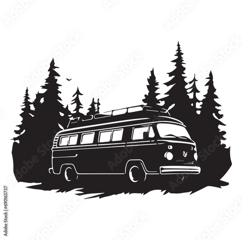 Camper in the Woods and Mountain, Camping in the Nature, Hand Drawn Vector Illustration