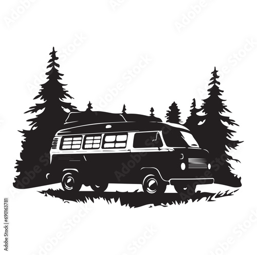 Camper in the Woods and Mountain, Camping in the Nature, Hand Drawn Vector Illustration