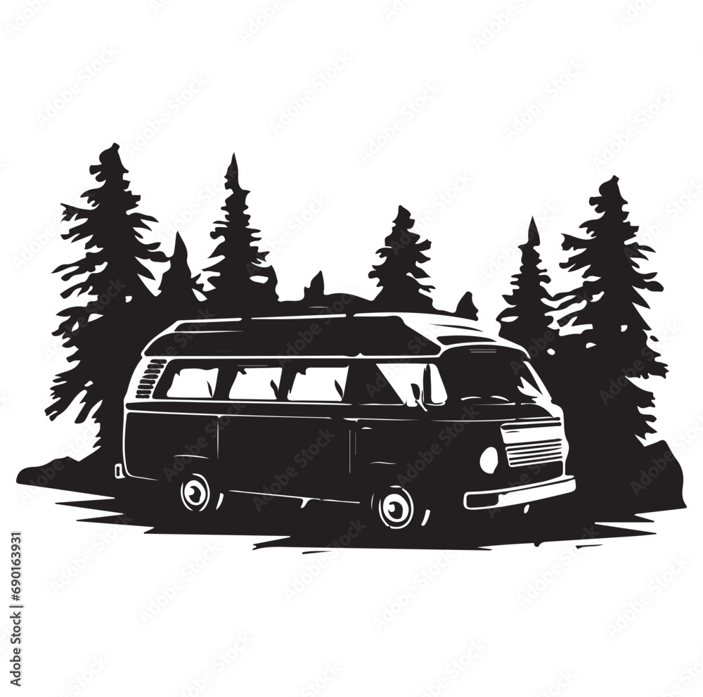 Camper in the Woods and Mountain, Camping in the Nature, Hand Drawn Vector Illustration Camper in the Woods and Mountain, Camping in the Nature, Hand Drawn Vector Illustration