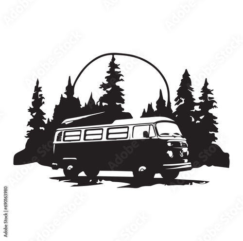 Camper in the Woods and Mountain, Camping in the Nature, Hand Drawn Vector Illustration