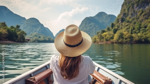 young woman tourist on the boat at lake  in asia
