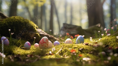 A scenic Easter egg hunt in a forest clearing.