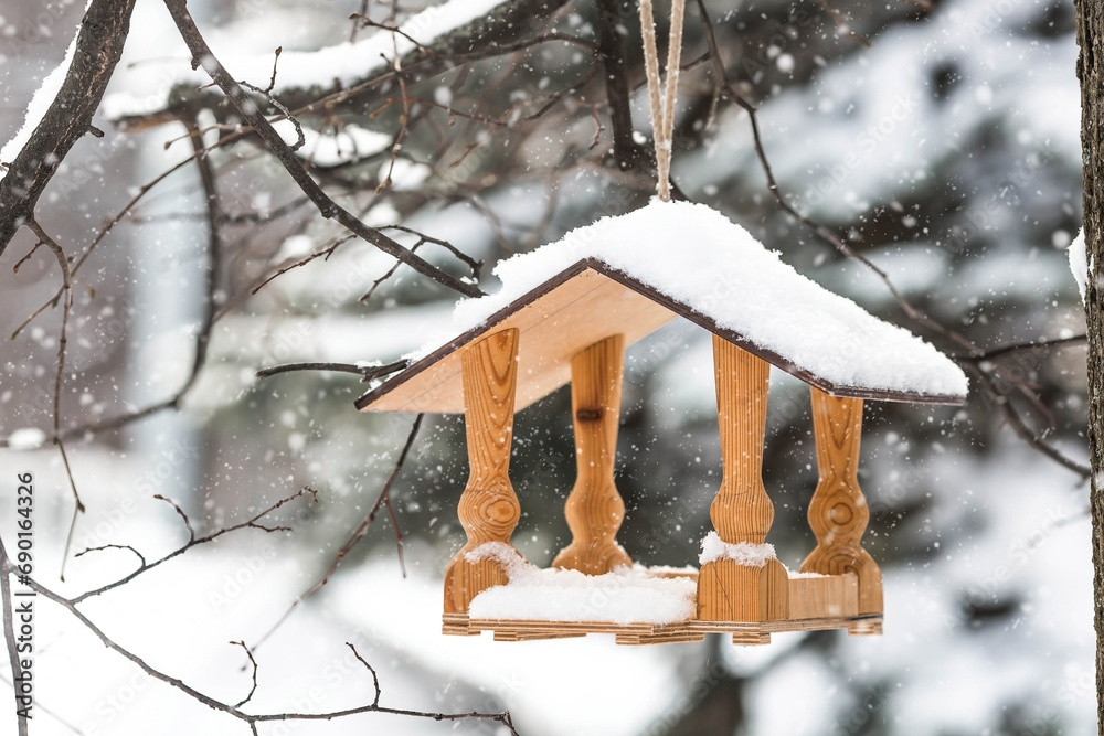 Winter. Snow is falling. A wooden bird feeder is hanging on a tree branch in the park. Feeding birds on harsh and cold days. Beautiful diffused light. Winter. Snow is falling. A wooden bird feeder is hanging on a tree branch in the park. Feeding birds on harsh and cold days. Beautiful diffused light.