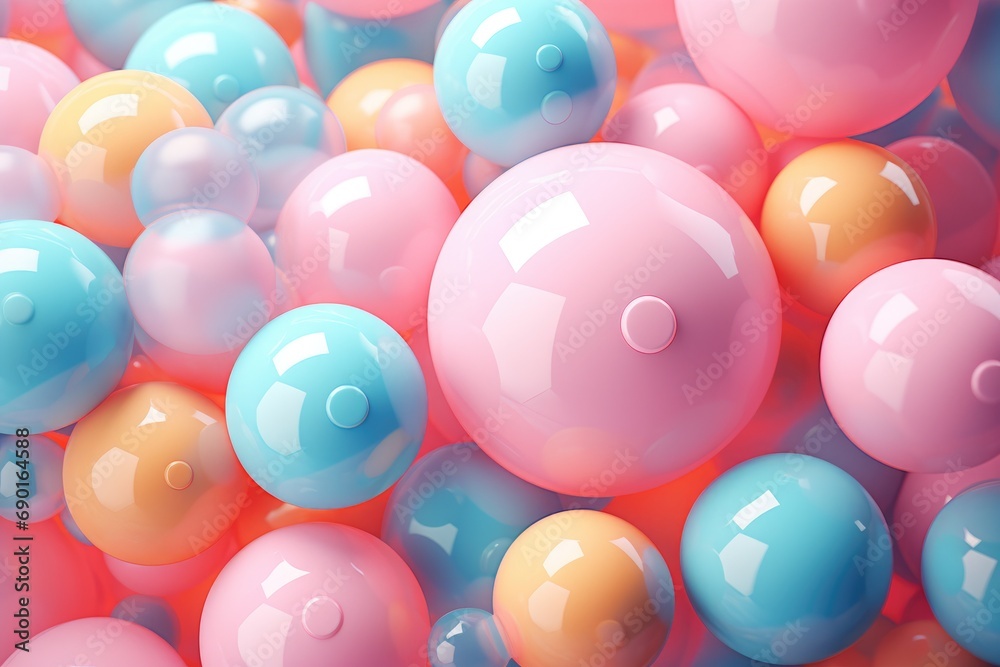 Colorful balloons background. 3d rendering, 3d illustration, Abstract Digital Illustration of Soft Color Balls and Bubble Gums, AI Generated