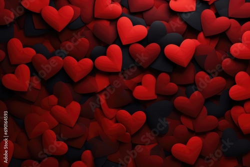 Valentines day background with red and black hearts. 3d render, abstract panorama background with red hearts, AI Generated