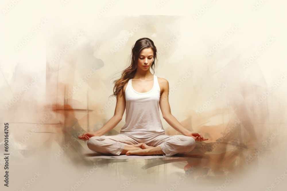 Young woman meditating in lotus position on abstract background. Yoga, Adult yogi woman doing yoga, AI Generated Young woman meditating in lotus position on abstract background. Yoga, Adult yogi woman doing yoga, AI Generated