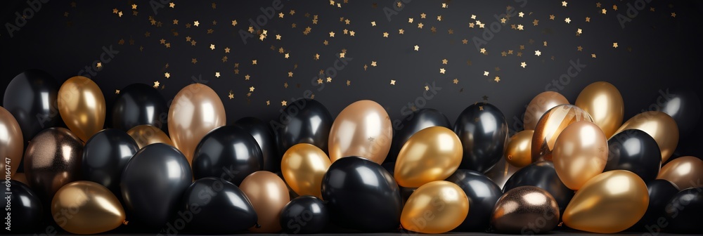 Naklejka premium Black and Gold Balloons with Confetti - Celebrate with a Festive Background and Banner for Text