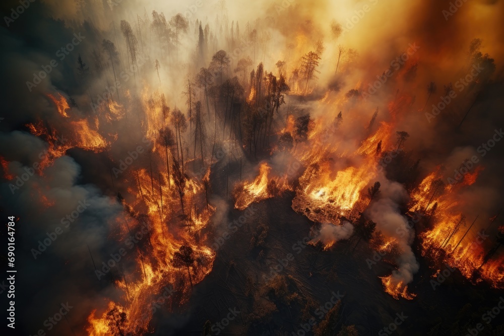 Burning forest during a fire in the mountains in the summer, Aerial view of a burning forest, Wildfire, global warming and climate change concept, AI Generated