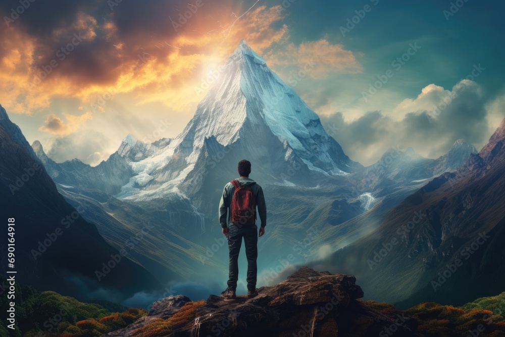 Hiker with backpack standing on the edge of the cliff and looking at the mountain peak, A young man looking at a big beautiful mountain that he is going to climb, AI Generated