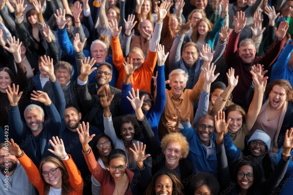 Multiethnic Group of People Raising Their Hands Togetherness Concept, above view of diverse group of people raising hands together, waving, AI Generated - obrazy, fototapety, plakaty 