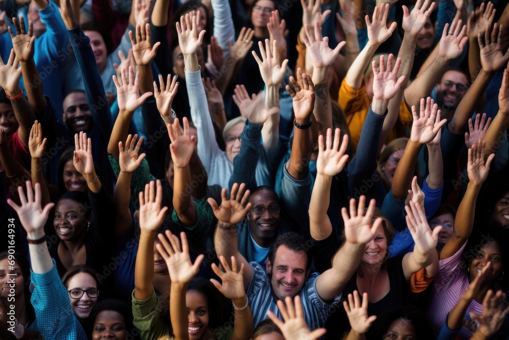 Naklejka premium Multiethnic group of people raising their hands in a conference room, above view of diverse group of people raising hands together, waving, AI Generated