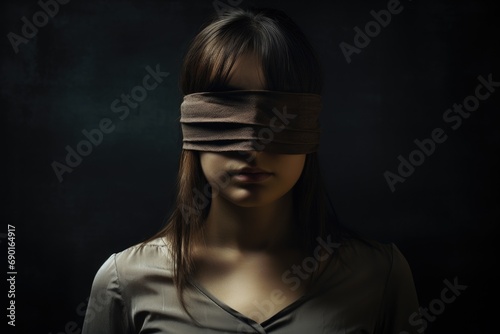 Young woman with blindfold on her eyes looking at the camera. Dark background, a young woman with a blindfold that prevents her from seeing, AI Generated