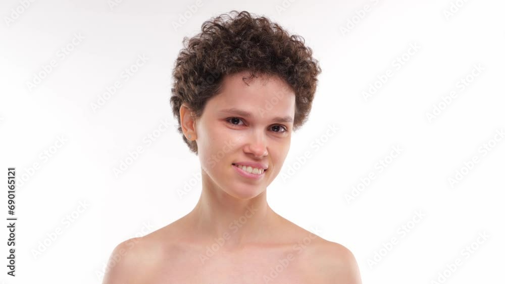 healthy curly short hair woman smile and looking on camera healthy curly short hair woman smile and looking on camera