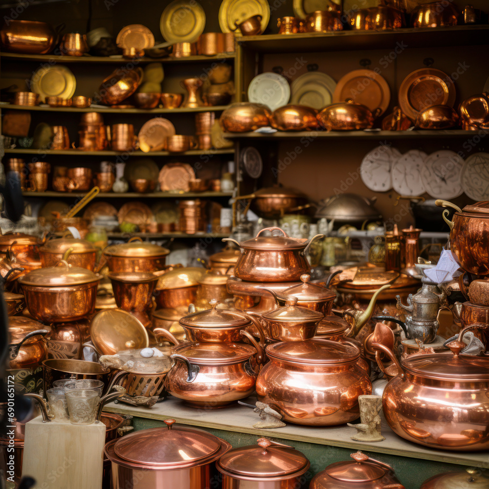 iran store filled with copper pots and pans. iran store filled with copper pots and pans.
