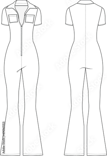 short sleeve wide leg long tight jumpsuit template technical drawing flat sketch cad mockup fashion woman