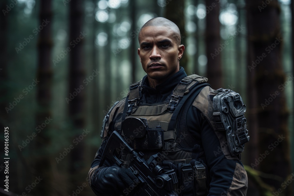 Portrait of a serious soldier standing in the middle of a forest, A geared-up soldier portrait in the forest, AI Generated