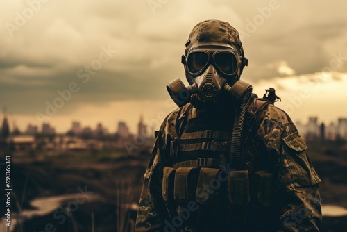 United States Navy special forces soldier in action on war foggy city background. Selective focus, A geared-up army soldier stands and looks at the battlefield, battlefield background, AI Generated photo