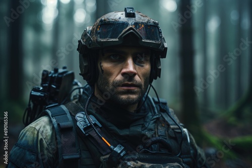 Portrait of a man in a military helmet in a dark forest, A geared-up soldier portrait in the forest, AI Generated
