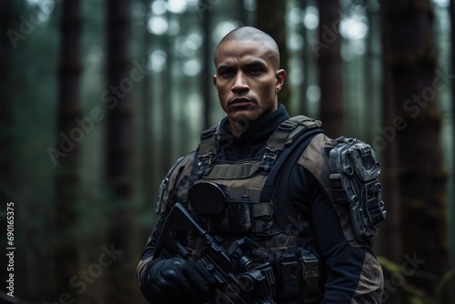 Portrait of a serious soldier standing in the middle of a forest, A geared-up soldier portrait in the forest, AI Generated
