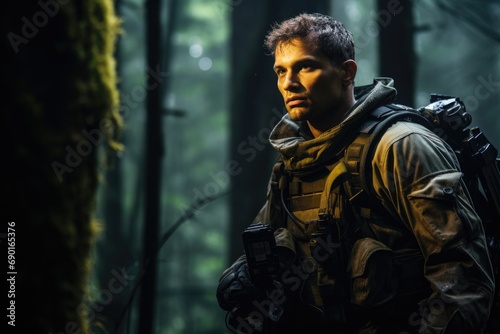 Portrait of a male soldier in a forest. Selective focus, A geared-up soldier portrait in the forest, AI Generated © Iftikhar alam