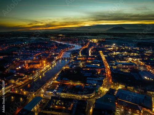 Ballina Town, Co. Mayo drone shot at night time in Christmas time 