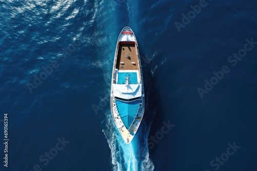 Aerial view of a luxury yacht sailing in the deep blue sea, Aerial top down view of a cruise ship bow traveling over blue ocean, AI Generated © Iftikhar alam