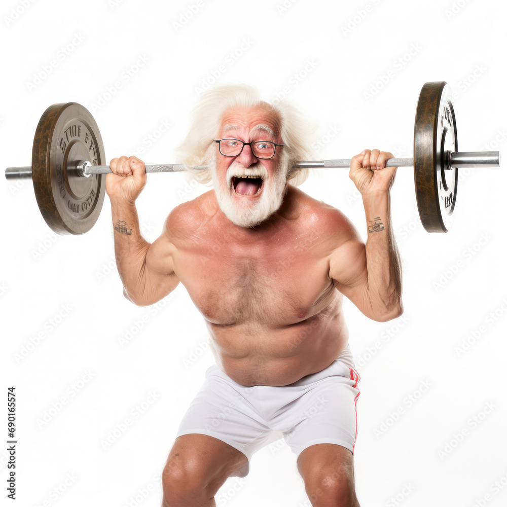 humor an elderly old weight lifter on white background. humor an elderly old weight lifter on white background.