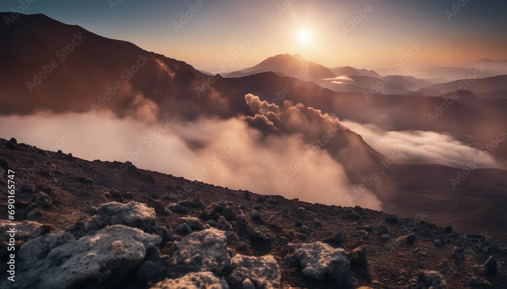 Sunrise over the clouds in the mountains. 