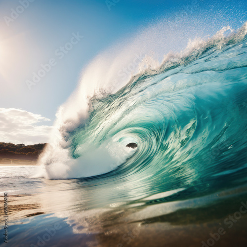 large surf breaking near a beach. © mindstorm