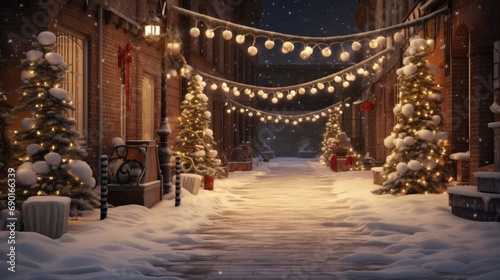 A snowy street decorated with Christmas lights and garlands.