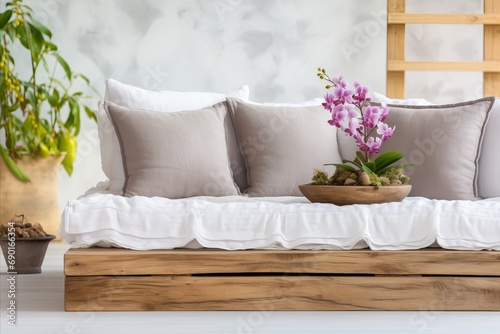 Coastal Themed Modern Living Room with Rustic Coffee Table  Flower Vase  and Blue Pillows