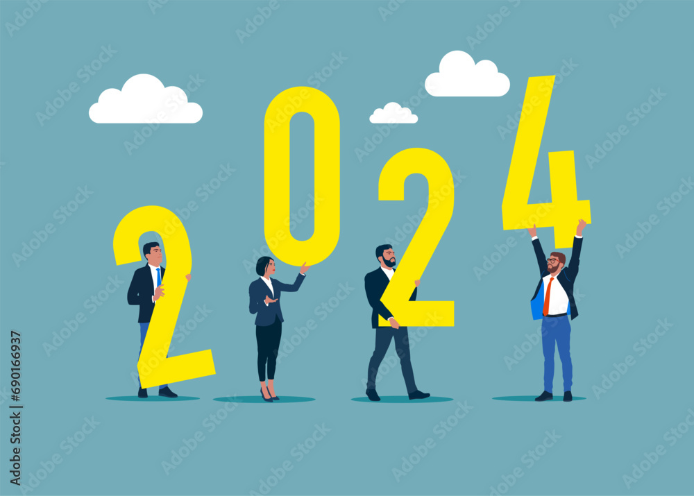 2024 New Year concept. Business team holding up the year 2024.  Best chance to get a business or career. Flat vector illustration