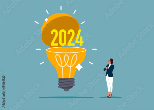 New 2024 open lightbulb idea. Business vision to discover new solution or idea, curiosity, searching for success concept. Flat vector illustration