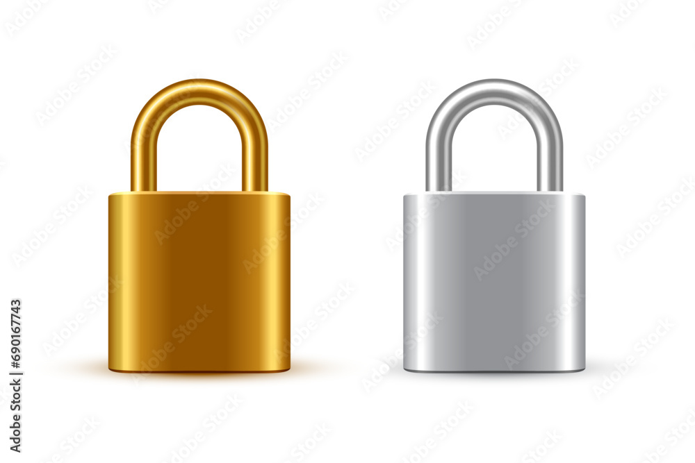 Padlocks vector illustration set. Steel golden and silver locks isolated on white background. Secure privacy and business information. Personal data protection. Safety concept Padlocks vector illustration set. Steel golden and silver locks isolated on white background. Secure privacy and business information. Personal data protection. Safety concept