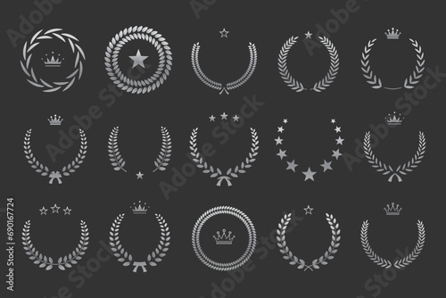Silver laurel wreath, winner award set vector illustration. Silvery branch of olive leaves or stars of victory symbol, triumph emblem decoration design, champion prize isolated on black background photo