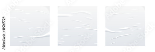 Glued white square paper sheets set. Vector isolated realistic crumpled posters bundle. Wet greased wrinkles blank template texture. Empty advertising column mockup for creative design
