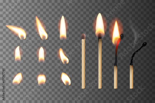 Match sticks with flame sequence set. Wooden match burning cycle. New, blazing, burned, blown out matchsticks. Realistic vector illustration. Lights and flames design on transparent background photo