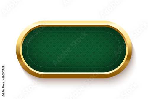 Poker green table background vector illustration. Realistic playing field with gold frame for game blackjack on white background. Casino concept