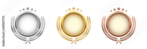 Set of shiny circle medals, laurel wreath with stars vector illustration. Chrome shining round badge prize for winner, award trophy nominee luxury symbol, nomination reward emblem on white background