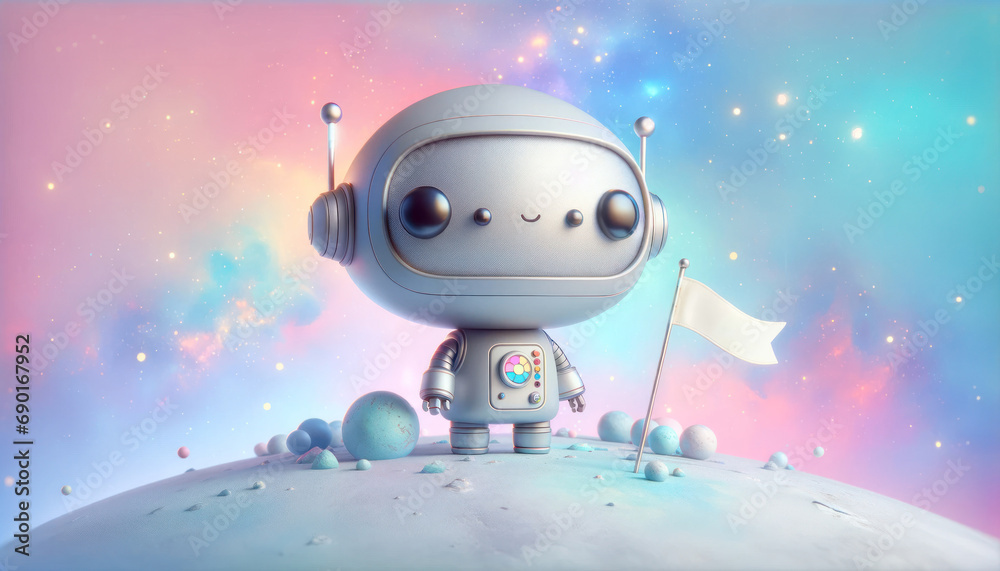 Naklejka premium Adorable robot standing on a pastel-toned moon against a starry sky, holding a blank flag