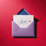 Elegant white card with 'love' calligraphy and floral detail in a purple envelope on red background
