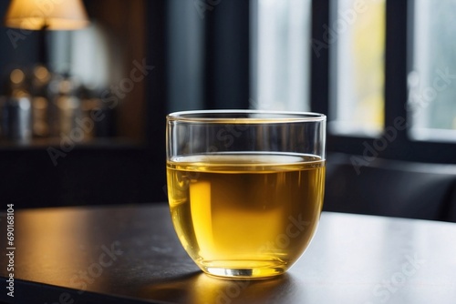 Yellow tea in a glass on table. Copy space